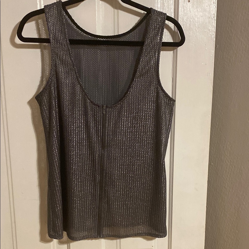 Metallic Gray Sleeveless Zip Vest Tank - Braided Fabric